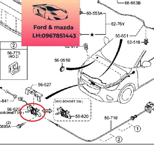 Ổ khóa nắp ca pô trước mazda 2 2015-2022 Ổ khóa nắp ca pô trước mazda 2 2015-2016-2017-2018-2019-2020-2021-2022-ổ khóa ngậm ca bô trước mazda 2-cơ cấu khóa nắp ca pô trước mazda 2-DC4N56620A